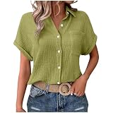 Musselin Bluse Damen,Kurzarm Hemdbluse Baumwolle Leinen Shirt Hemd Sommerblusen Casual Lässige Oberteile mit Knöpfen Vintage Leinenbluse Longbluse Oversize T-Shirt Teenager Mädchen