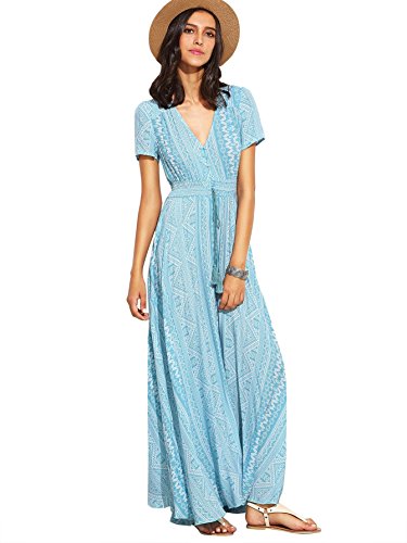 Milumia Women's Button Up Split Floral Print Flowy Party Maxi Dress Large Light Blue