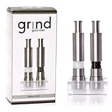 Grind Gourmet Salt and Pepper Grinder Set, Original Pump & Grind Peppermill are Refillable, Modern Thumb Press Grinder, Works With Black Pepper, Sea Salt, Himalayan Salts, Stand Included