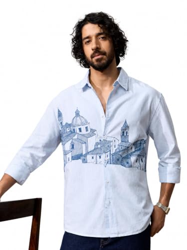 Image of The Souled Store Cityscape Men and Boys Long Sleeves Spread Collar Blue Cotton Graphic Printed Easy to Style Everyday Wear Trendy Stylish Relaxed Fit Lightweight Everyday Casual Shirt