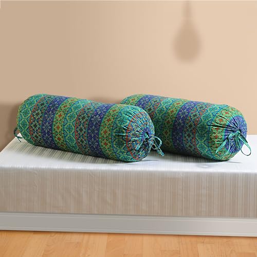 Image of Swayam Set of 2 Pure Cotton Bolster Cover | 30x30 Inch | Soft Breathable Masnad Cover 200TC | Durable & Washable | Motif Print Bolster Cover for Diwan, Bed & Sofa - Blue