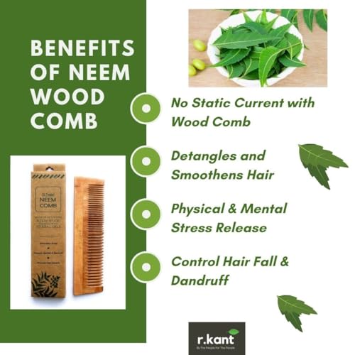 Image of R.Kant Neem Wood Comb for Women & Men | Dual Teeth Wooden Hair Comb | Wide & Fine Tooth Detangling Shampoo Comb | Anti-Static | Smooth Rounded Teeth | Gentle Scalp Massage | Natural Wooden Comb | 1 Piece