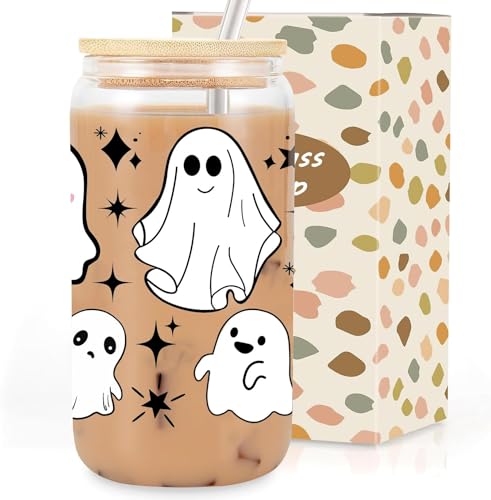 Sereficy Halloween Cups, 16 oz Cute Ghost Cup, Iced Coffee Tumbler with Lid and Straw,...