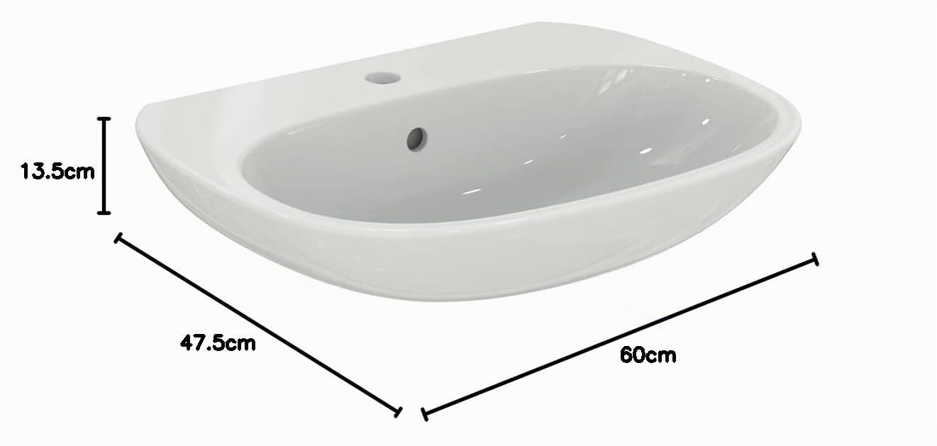 Ideal Standard - Tesi, Lavabo da 60cm per installazione a muro, Con foro centrale per la rubinetteria, Con foro troppopieno, Bianco