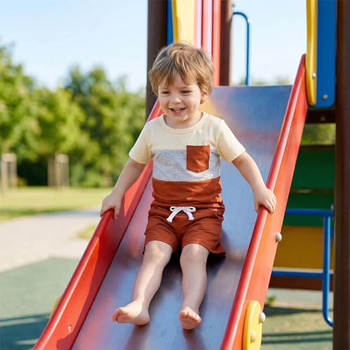 Image of Toddler Boy Clothes Baby Summer Outfit Patchwork Tee Shorts 12M-4T | Soft Patchwork Tee, Pocket Shorts With Stretch Waistband, Breathable For Summer Play, Machine Washable