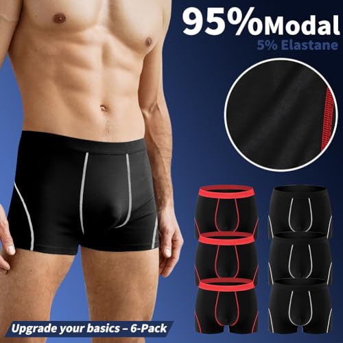 Sexy Code 1701 Men's Boxer Briefs 6-Pack, Modal Stretch Underwear Breathable Soft Trunks for Men, Black & Red2