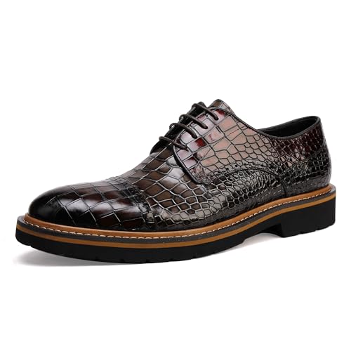 Image of Leather Oxfords Business Formal Brogue Dress Shoes, Two Color Mix /Crocodile Pattern