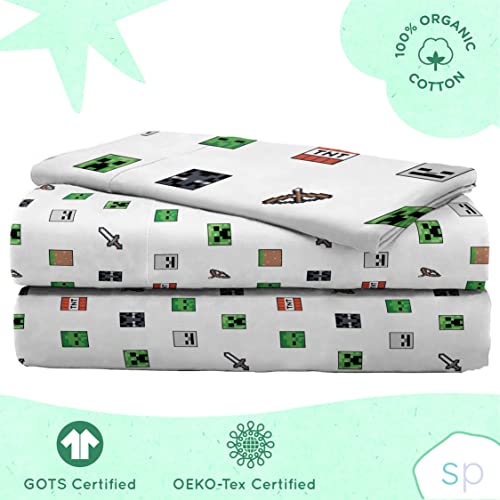 Saturday Park Minecraft Emblematic Twin Sheet Set - 3 Piece 100% Organic Cotton Sheets Features Creeper, Alex & Steve - Gots & Oeko-Tex Certified (Minecraft Official) #TOP3