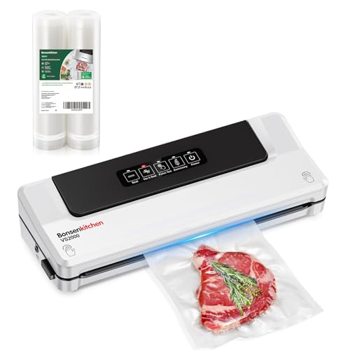 Bonsenkitchen Vakuumier-Komplettset in Weiß Vakuumiergerät (4-in-1) mit 2 Profi-Rollen 28cm x 6m Für große Lebensmittel, flexibel zuschneidbar, inkl. Schlauch & 5 Starter-Beuteln