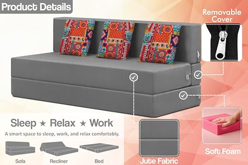 Image of Rosebell Three Seater Foldable Sofa Cum Bed (5x6 Feet) ? Jute Fabric, Washable Removable Cover, Includes Cushion | Space Saving Convertible Sofa Bed for Home, Office & Guests - Grey