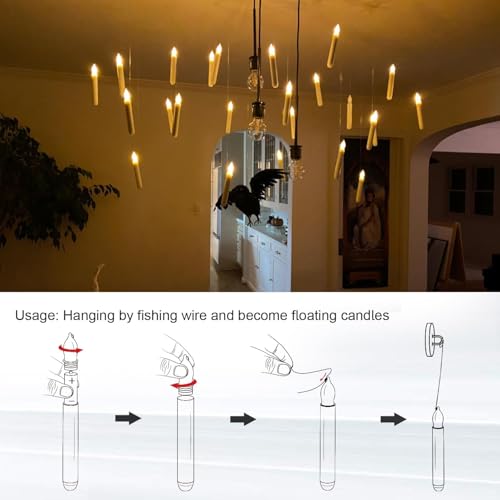 Image of Raycare 20 Pcs Floating Candles with Wand, Magic Hanging Candles Flameless, Flickering LED Taper Candle with Wand Remote, Warm Light, Battery Operated Window Candle for Halloween Witch Wizzard Decors