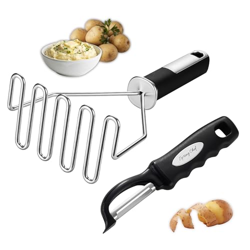 Spring Chef Stainless Steel Premium Vegetable Peeler with Potato Masher, Soft Grip Handle Metal Food Peeler and Masher for Fruit & Vegetables