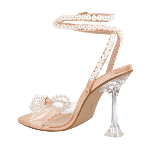 Image of Yolkomo Women's Square Toe Clear Heels Sexy Rhinestone Bow Heels Open Toe Ankle Strap Stiletto High Heel Sandals