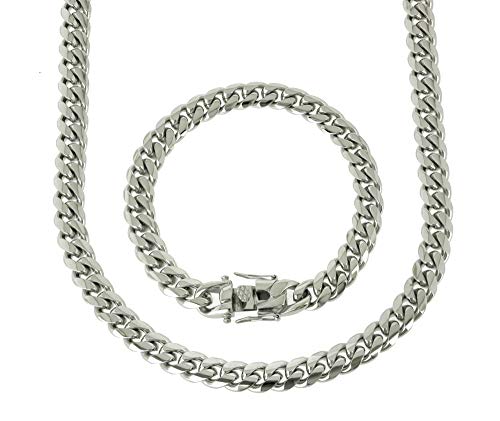 Bling Bling NY Solid Silver Finish Stainless Steel 10mm Thick Miami Cuban Link Chain Box Clasp Lock (Chain 24'' & Bracelet 8'')