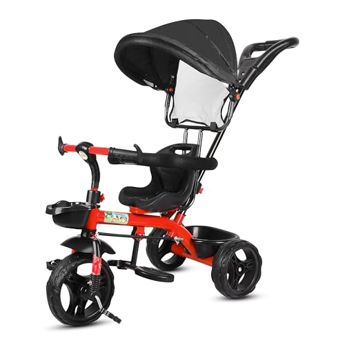 Image of BABY SMILE 4-in-1 Kids Tricycle with Adjustable Canopy, Parent Push Handle, Red and White (RED Black)