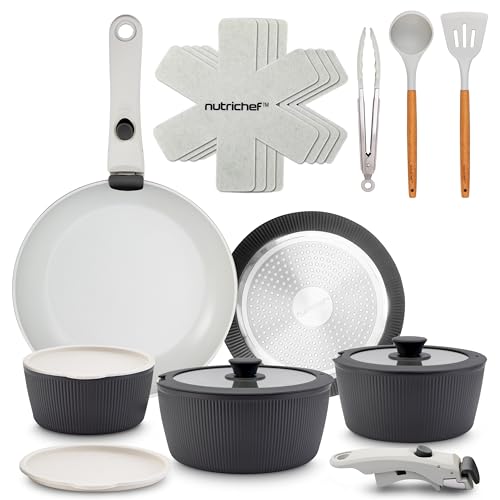 NutriChef Set Pentole e Padelle in Ceramica 18 Pezzi con Manici Removibili, Antiaderenti senza PTFE, Design Salvaspazio, per Forno e Piano Cottura, Grigio