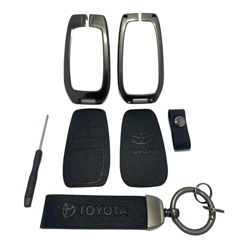 Image of Zinc Metal Alloy Leather Car Key Cover & Case Black with Keychain & Holder Compatible for Toyota Fortuner, Legender, Innova Crysta, HyCross, Land Cruiser, Hilux (3 Button Push Smart Key)