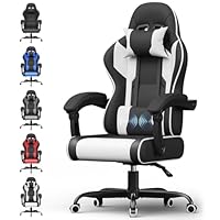 Airfish Ergonomic Gaming Chair with Massage Lumbar Support, Height Adjustable Computer Chair for Adults & Kids, Reclining Gamer Chair with Headrest and Flat Wide Seat for Home Office or Gaming, White