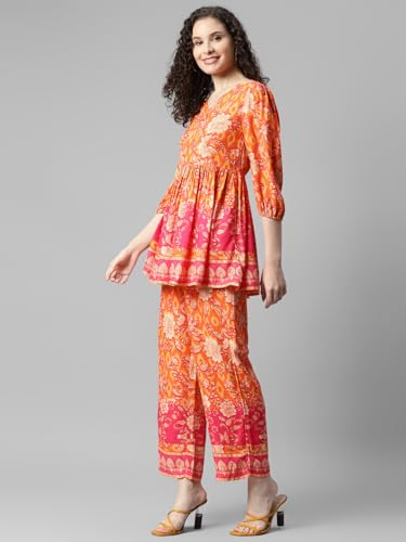 Image of DEEBACO Women's Floral Print Rayon Top & Pants Co Ord Set for Women V Neck 3 /4 Puff Sleeve Ladies Party Casual Wear Fashionable for Girls Loose Fit Cord Set (DBCOMR00000978 M Orange)