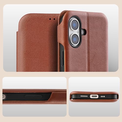 Image of PULOKA - Sleek Flip Case- Compatible for iPhone 16 Plus- Premium Vegan Leather Phone Cover with Card Slot - Slim, Durable, Privacy Protection - Kickstand Function - Elegant Flip Wallet Cases- (Brown)
