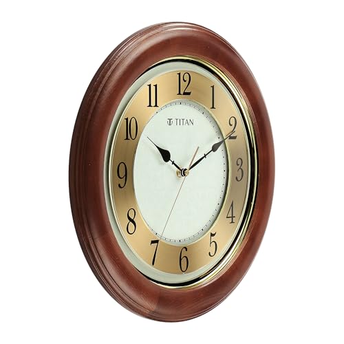 Image of Titan Grandeur Classic Wooden Wall Clock with Textured Dial & Gold Indices Ring, Silent Sweep, Model W0097WA01 | 39 cm x 39 cm x 4 cm