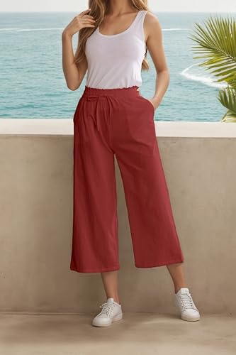 Image of LNX Womens Linen Capri Pants Wide Leg High Waisted Drawstring Casual Cropped Pants with Pockets