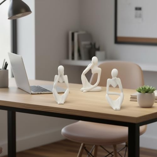 Image of Ceramic Thinker Statue 5In -Set of 3 | Abstract Men Figurine Showpiece Modern Sculpture | Home Decor for Living Room Bedroom Bookshelf Office Table | Housewarming Birthday Gift (White)