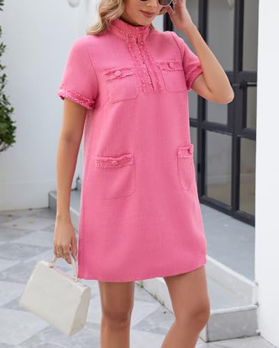 Ladyful Womens Tweed Jackie Dress Short Sleeve Elegant Mini Dress V Neck Work Office Business Wedding Guest Dress3
