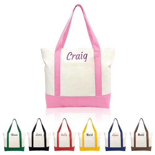 VRFASHION Custom Canvas Tote Bag with Embroidered Name,Personalized Tote Bag Reusable Grocery Bags Top Zipper Closure, Pink, One Size