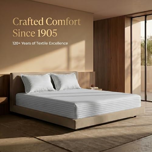 Image of Mafatlal Italian Strip Bedsheets with 2 Pillow Covers for King Size Bed | 210 TC Pure Cotton Flat Sheet Gray | 108 x 108 Inches| Everyday Comfort & Style