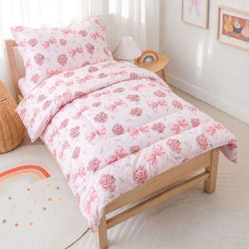 Image of TinyPalsa 4-Piece Toddler Bedding Set, Toddler Bed Comforter Set for Girls | Includes Comforter, Fitted Sheet, Flat Sheet & Pillowcase, , Pink Bow