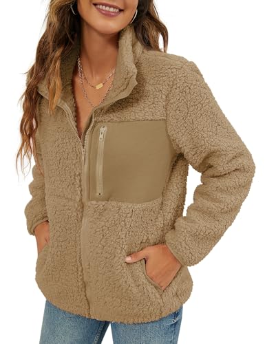 VVK Sherpa Fleece Jackets for Women,Faux Shearling Shaggy Full Zip Coats Warm Winter Outerwear with Pocket (Khaki, L)