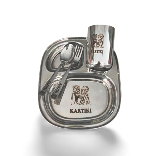 Image of Stainless Steel Printed Customized thali Set with Name, Silver