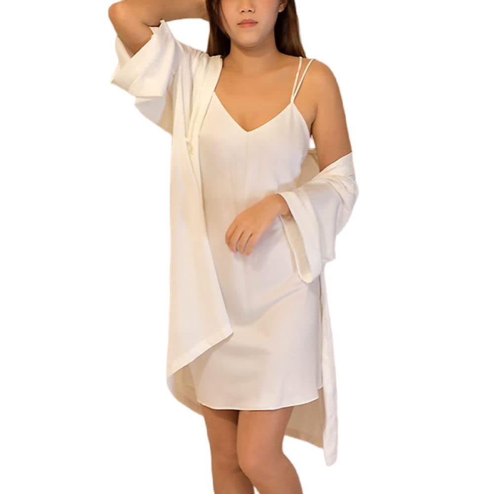 Camicia Da Notte Donna,Accappatoio In Raso A Due Pezzi Bianco Semplice Kimono Con Scollo A V Vestaglia Leggera Pigiama Corto Pizzo Set Semplice Vestaglia Sposa Vestaglia Pigiameria Bademantel Damen,