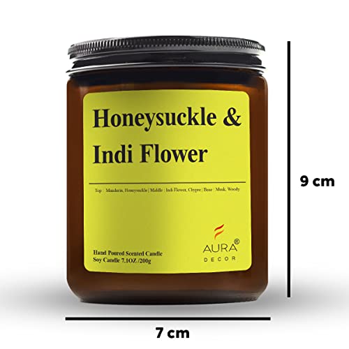 Image of AuraDecor Scented Jar Candle | Handpoured Soy Wax Candle with Long Lasting Burn Time | Premium Amber Jar Aromatherapy Candle | Ideal Gift for Home & Decor (Extra Large, Honeysuckle & Indi Flower)