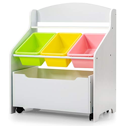 LIFEZEAL Estantería para Juguetes, Organizador de almacenamiento con 3 cubos de plástico, Caja con ruedas de juguetes infantil, armario para habitación del niño (blanco)