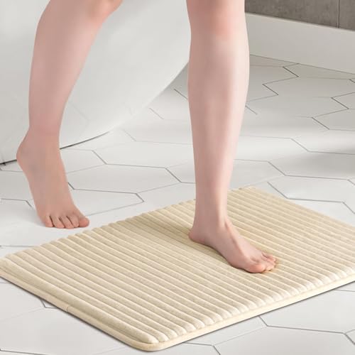Image of SANMARINO Ultra Soft Memory Foam Bath Mat 16 inch x 24 inch | Non-Slip, Thick & Water Absorbent Bathroom Rug | Quick Dry Shower Floor Mat | Bath Rug for Bathroom & Home Decor - (Beige, 40 x 60 cm)