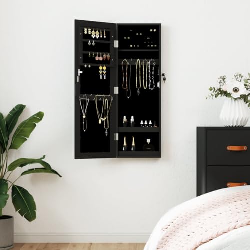 QUAHEAS Armario para joyas con espejo, montaje en pared, color negro, 30 x 8,5 x 90 cm, material de madera con diseño con cerradura para pasillo, baño, dormitorio y salón