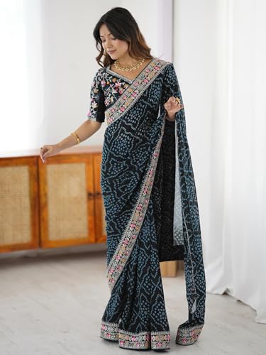 Image of Satrani Women's Georgette Bandhani Printed Sequin Embroidery Saree with Unstitched Blouse Piece