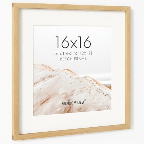 Image of 16x16 Picture Frame, USA-Sourced Natural Beech Wood Photo Collage Frame with HD Tempered Glass, Modern Simple 16 x 16 Wooden Frame Matted to 12x12, Gallery Wall Frames for Art