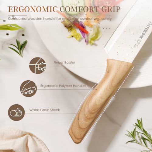 Image of Astercook Knife Set, 13 Pieces Kitchen Knives Set with Ceramic Coating, Stainless Steel Chef Knife Sets with 6 Blade Guards, Dishwasher Safe Knives with Wood Grain Handle, Elegant White