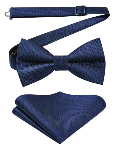 HISDERN Herren Fliege Dunkelblau Fliege für Herren mit Einstecktuch Set Einfarbig Seide Vorgebundene Anzug Fliege für Hochzeit...