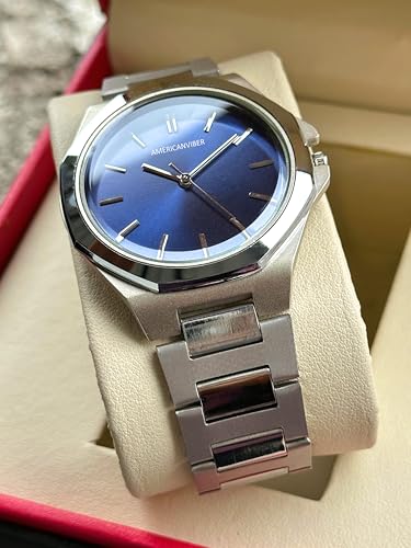 Image of AMERICANVIBER Dual Tone Stainless Steel Strap Men's Wrist Watches Classic Minimalist Bar Scale Dial Analog Wrist Watch for Men