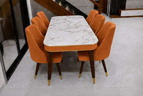 Image of WOODEN SPACE 6-Seater Wooden Dining Table Set | Nano Composite Marble Top | Solid Wood Base | Modern Dining Room Furniture with 6 Chairs (Mustard Frontline)
