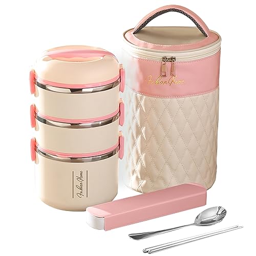 Bynar お弁当箱 保温ランチジャー 2500ml 保温弁当箱 三段 おべんとう箱 弁当バッグ付き お箸とスプーン付き 真空断熱 こども 大人 女性 男性兼用 通勤 通学 アウトドア用 (ライトピンク-2500ML)