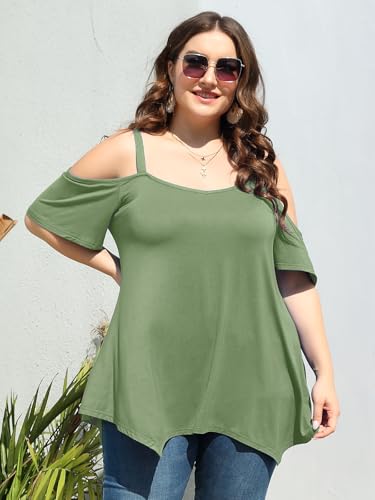 Image of LARACE Cold Shoulder Tops for Womens Summer Clothes Spaghetti Strape Tunic Oversized Shirts Asymmetrical Plus Size Blouse