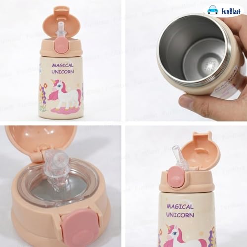 Image of FunBlast Unicorn Theme Water Bottle for Kids - Cute Water Bottle with Straw, Insulated Stainless Steel Bottle, Sipper Bottle for Kids (300 ML)