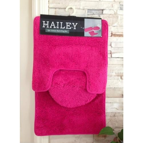 Kashi Home Hailey 3 Piece Bath Rug Set Bath Mat Contour Rug Toilet Seat Lid Cover Soft Pile Water Absorbent Solid Color (Fuchsia)