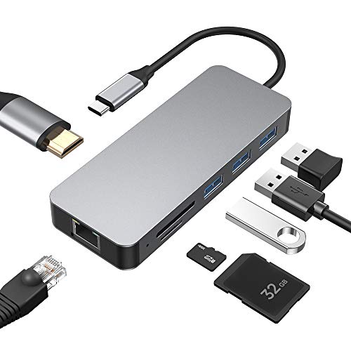 Hub USB C, Adaptador de Aluminio Tipo C multipuerto 7 en 1 con Salida HDMI 4K, Ethernet RJ45, 3 Puertos USB 3.0, Lector de Tarjetas SD/TF, Compatible para MacBook Pro, XPS M�s Dispositivos Tipo C