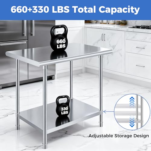 Image of OSTBA Stainless Steel Table for Prep & Work 30x48 Inches, NSF Metal Commercial Heavy Duty Table with Adjustable Undershelf and Adjustable Table Foot for Restaurant Kitchen Home and Hotel